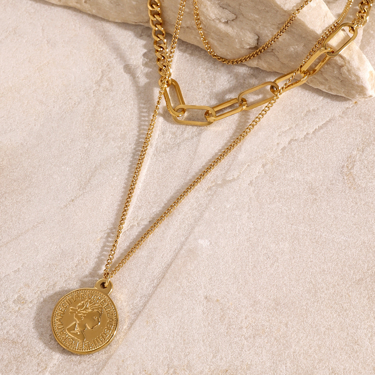 Stylish 18K gold-plated necklace featuring a 'Queen Elizabeth' coin charm, perfect for adding a touch of elegance.