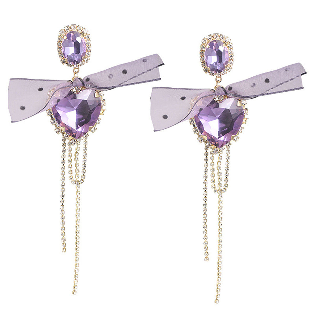 Pink Crystal and Cubic Zirconia Heart Bow Drop Earrings, drop earrings for women, botanical inspired, front view