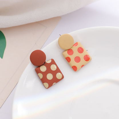 Coffee Enamel and Silver-Plated Spot Square Drop Earrings, silver drop earrings for women, everyday style, detail close-up