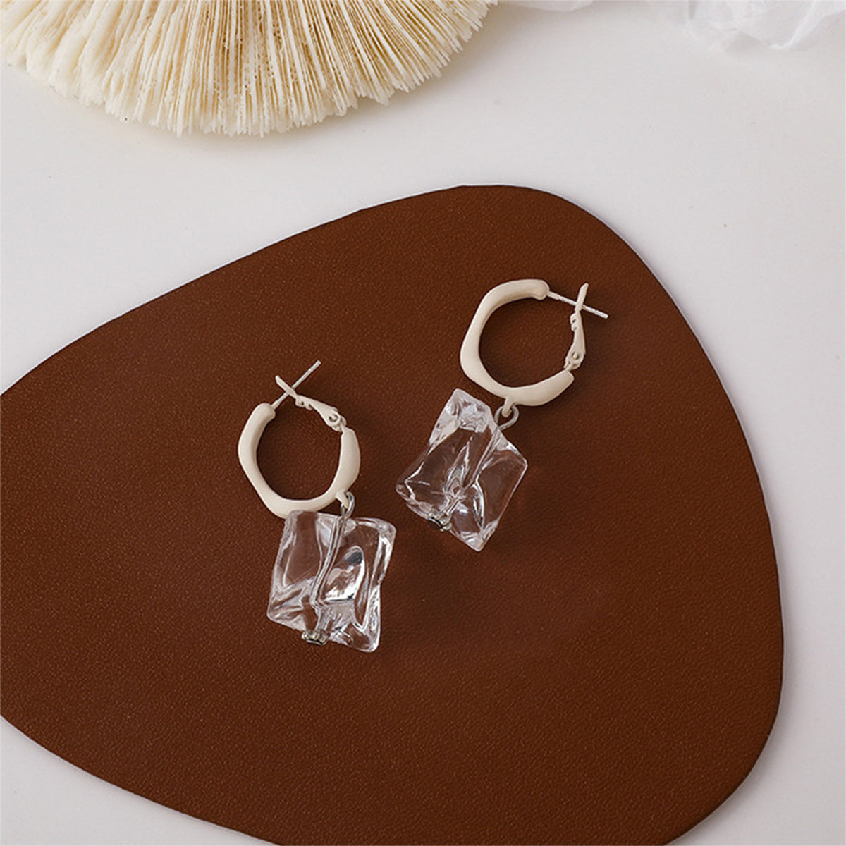 Clear Resin and Enamel and Silver-Plated Ice Cube Drop Earrings, silver drop earrings for women, detail close-up