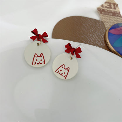 Red and White Enamel Bow Cat Round Drop Earrings, drop earrings for women, dainty minimalist design, detail close-up