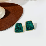 Green Enamel & 18k Gold-Plated Marbled Bezel Geometric Stud Earring