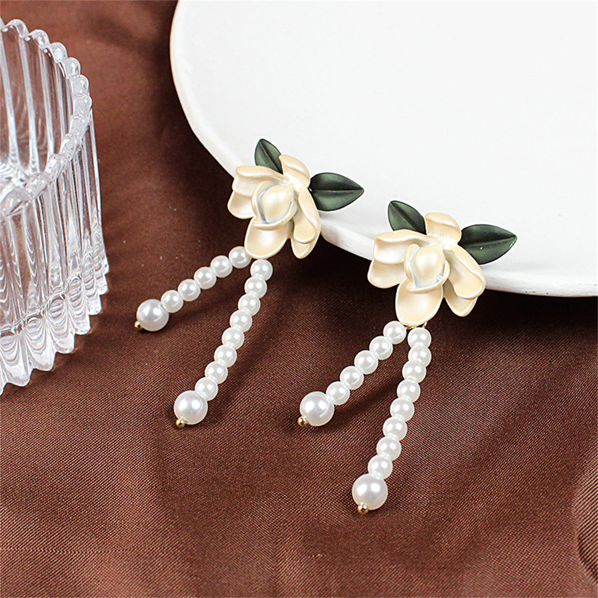 Pearl and Enamel 18K Gold-Plated Flower Drop Earrings, gold drop earrings for women, detail close-up
