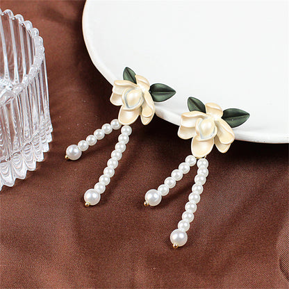 Pearl and Enamel 18K Gold-Plated Flower Drop Earrings, gold drop earrings for women, detail close-up