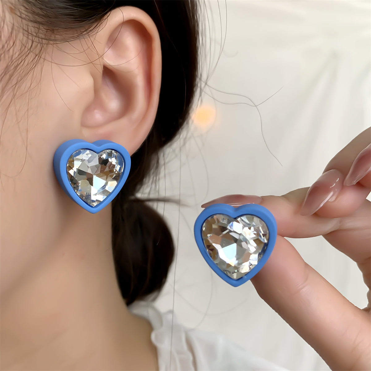 Blue & Crystal Heart Stud Earrings