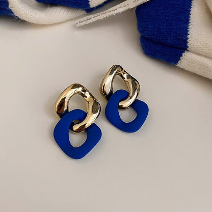 Blue Enamel and 18K Gold-Plated Interlocked Rhombus Drop Earrings, gold drop earrings for women, detail close-up