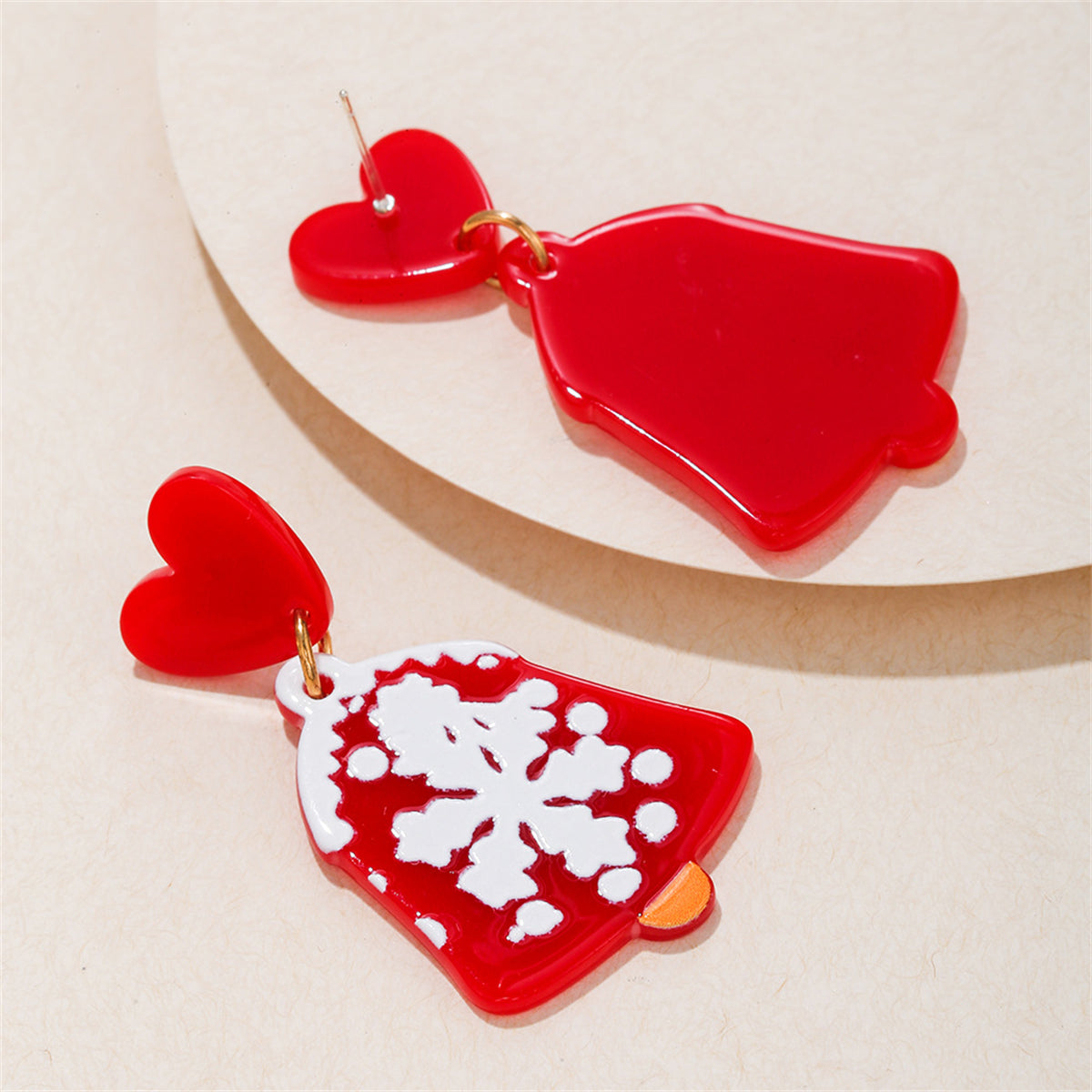 Red and White Snowflake Bell Drop Earrings, drop earrings for women, everyday style, detail close-up