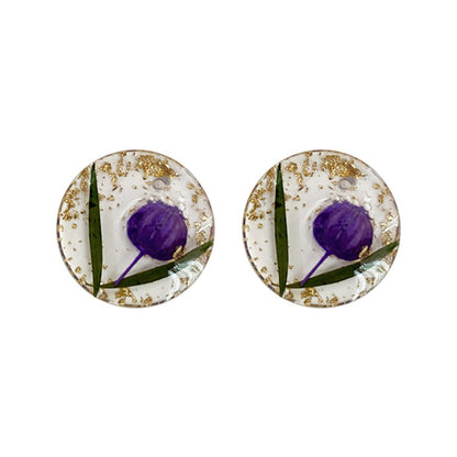 Purple and Silver-Plated Round Flower Stud Earrings, silver stud earrings for women, everyday style, detail close-up
