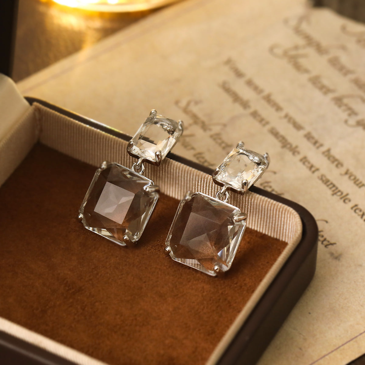 Clear Crystal Silver-Plated Square Drop Earrings, silver drop earrings for women, vintage-inspired design, lifestyle look