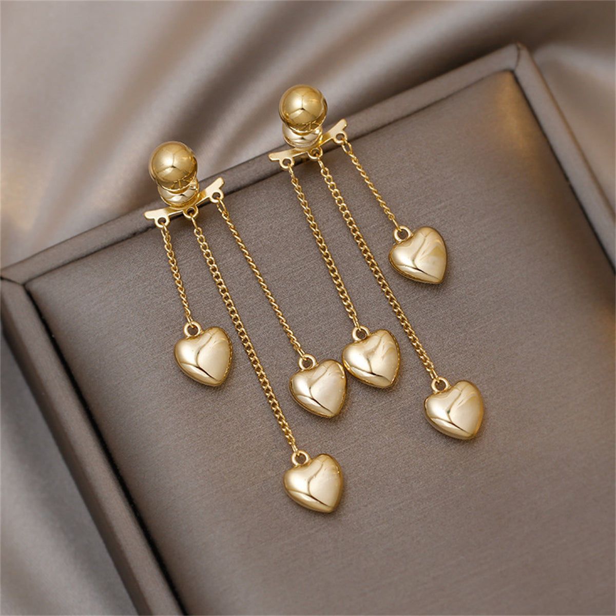 18K Gold-Plated Heart Tassel Drop Earrings, gold drop earrings for women, vintage-inspired design, detail close-up