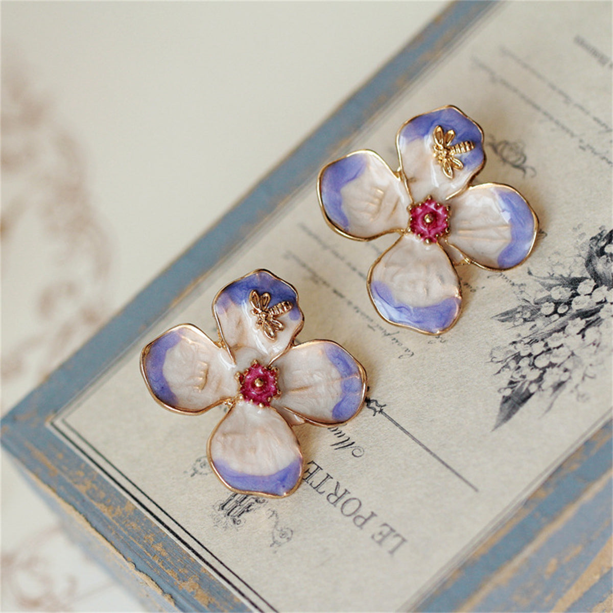 Purple Enamel and 18K Gold-Plated Bee Flower Stud Earrings, gold stud earrings for women, vintage-inspired design, side view