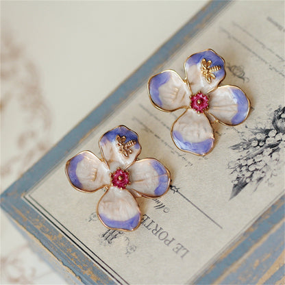 Purple Enamel and 18K Gold-Plated Bee Flower Stud Earrings, gold stud earrings for women, vintage-inspired design, side view