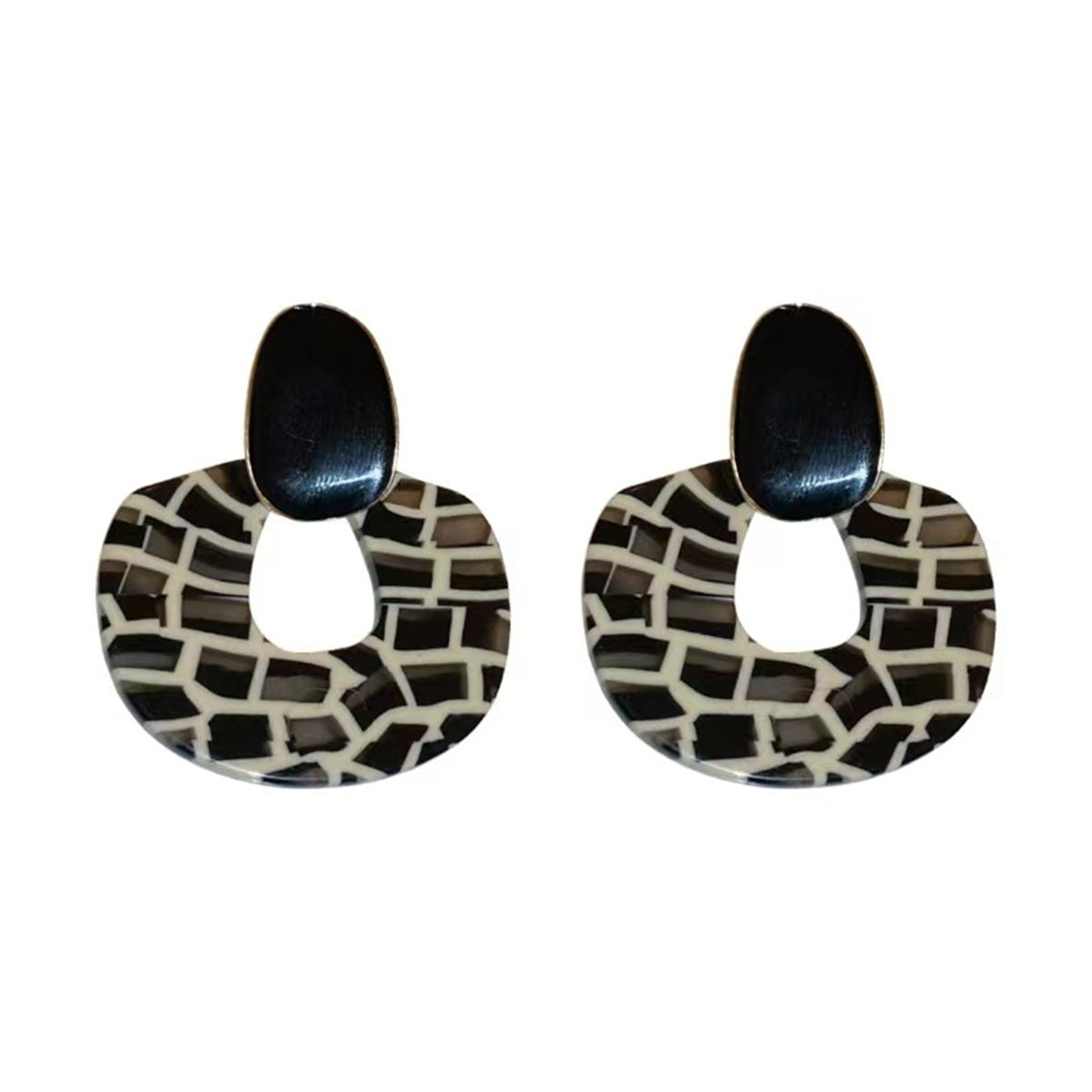Black Enamel & Acrylic Zebra Oval Drop Earrings