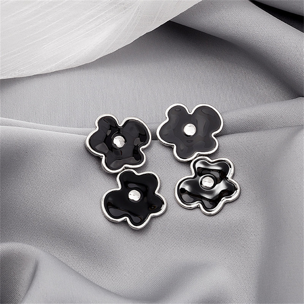 Black Enamel & Silver-Plated Floral Double-Bloom Dangle Earrings