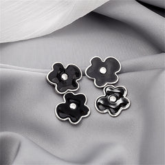 Black Enamel & Silver-Plated Floral Double-Bloom Dangle Earrings