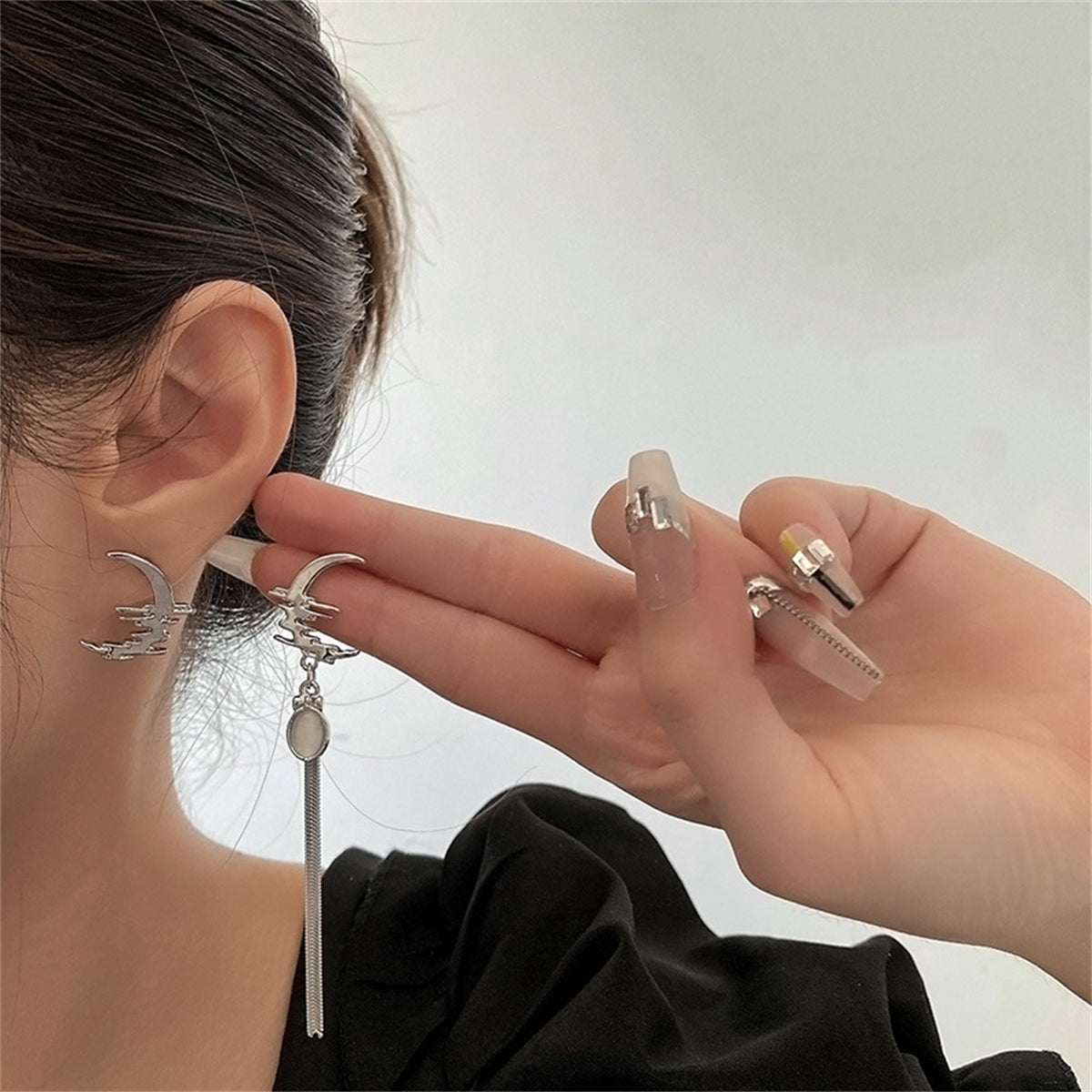 Quartz and Silver-Plated Moon Above Sea Asymmetric Earrings, silver stud earrings for women, everyday style, side view