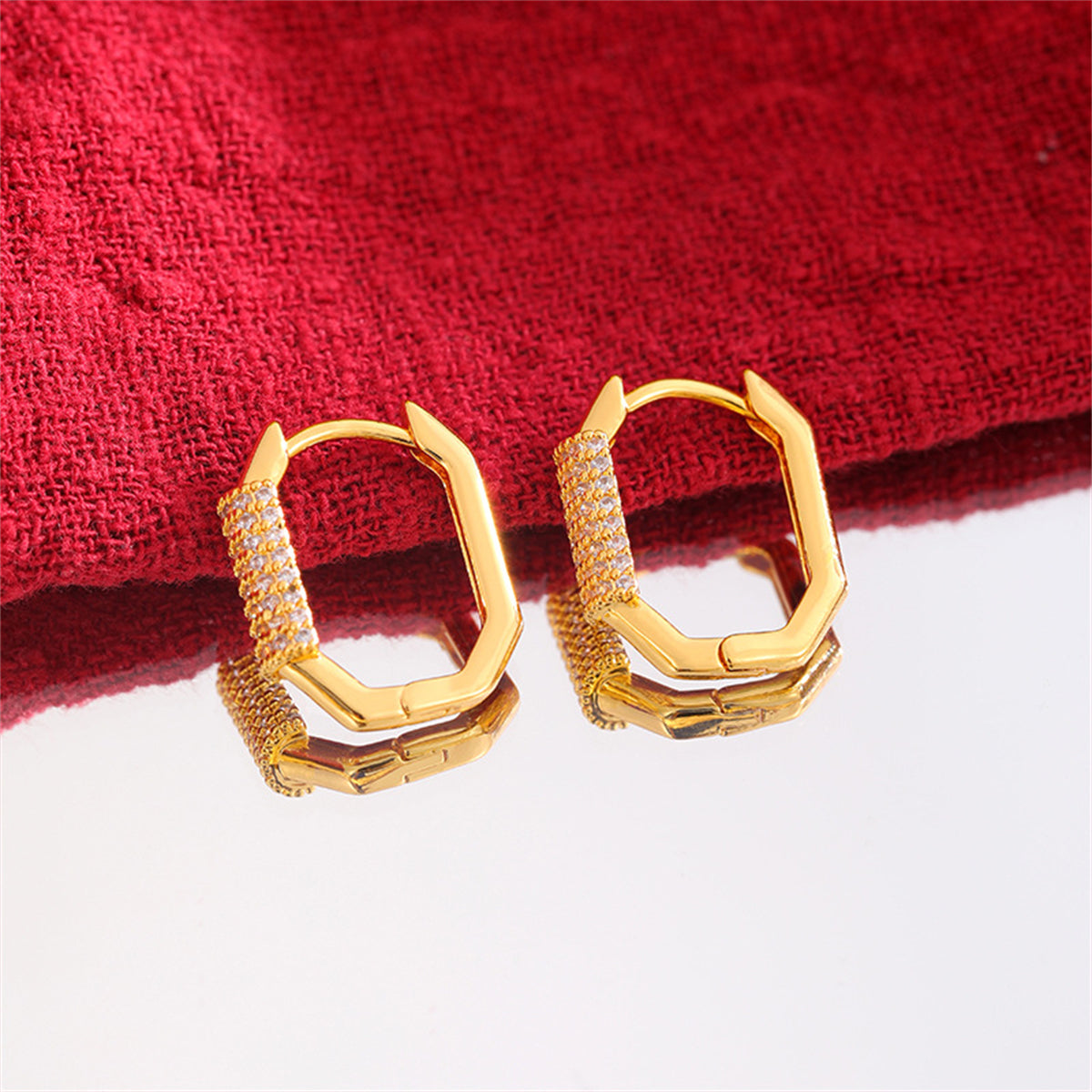 Cubic Zirconia and 18K Gold-Plated Hexagon Huggie Earrings, gold huggie earrings, elegant gift for her, lifestyle look