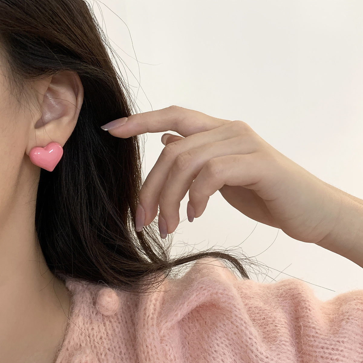 Pink Enamel and Silver-Plated Heart Stud Earrings, silver stud earrings for women, vintage-inspired design, styled look