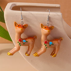 Brown & Silver-Plated Flower Deer Drop Earrings