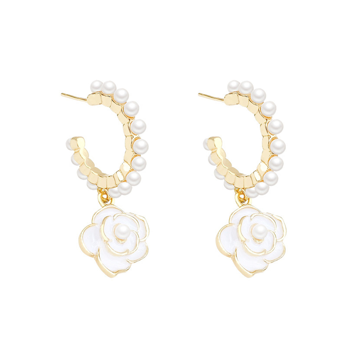 Pearl and White Enamel 18K Gold-Plated Flower Huggie Earrings, gold huggie earrings, dainty minimalist design, front view