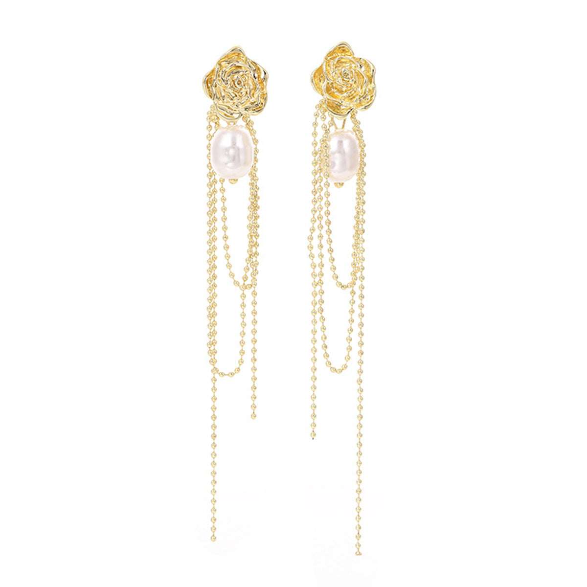 Pearl and 18K Gold-Plated Floral Tassel Drop Earrings, gold drop earrings for women, everyday style, side view