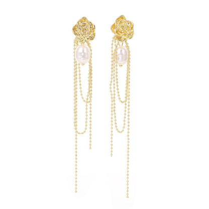 Pearl and 18K Gold-Plated Floral Tassel Drop Earrings, gold drop earrings for women, everyday style, side view