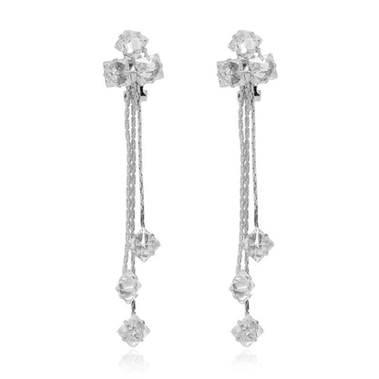Crystal and Silver-Plated Clover Tassel Drop Earrings, silver drop earrings for women, elegant gift for her, side view