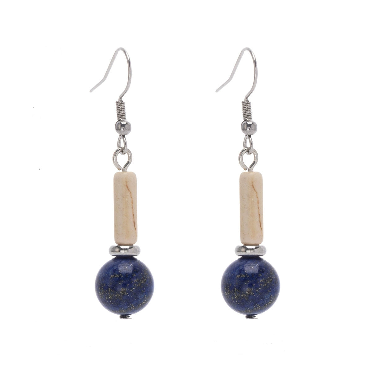 Jade & Lapis Silvertone Cylinder Ball Hook Earrings - Street Region