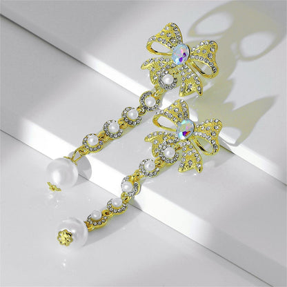 Pearl and Cubic Zirconia Crystal-Accent 18K Gold-Plated Bow Bead Drop Earrings, gold drop earrings for women, front view