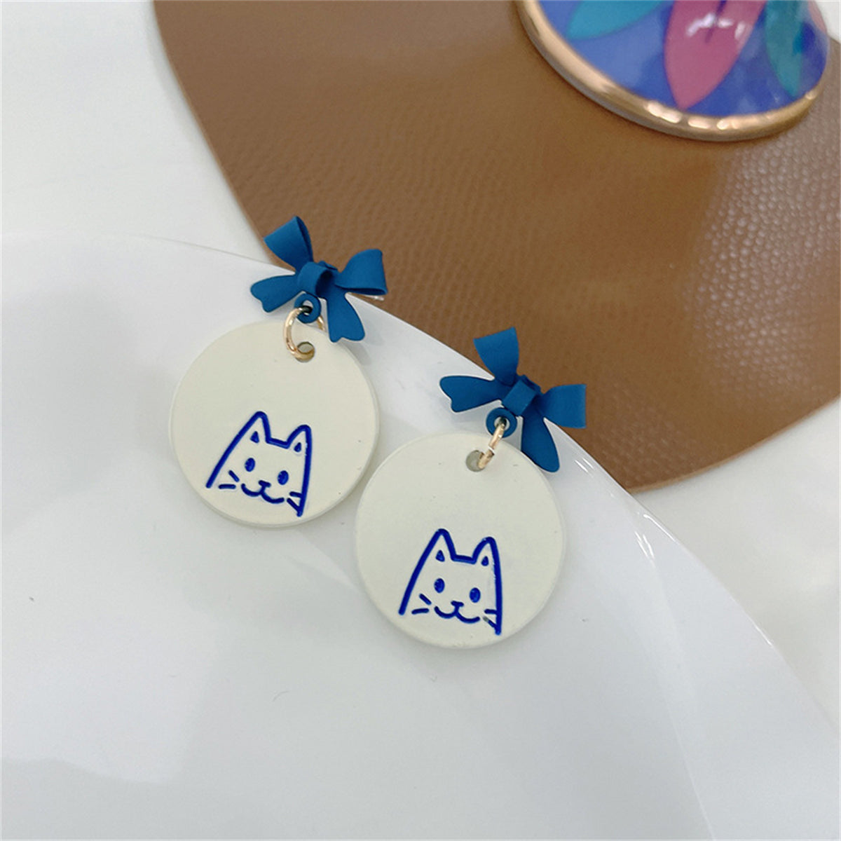 Blue Enamel Bow Cat Round Drop Earrings, drop earrings for women, elegant gift for her, detail close-up