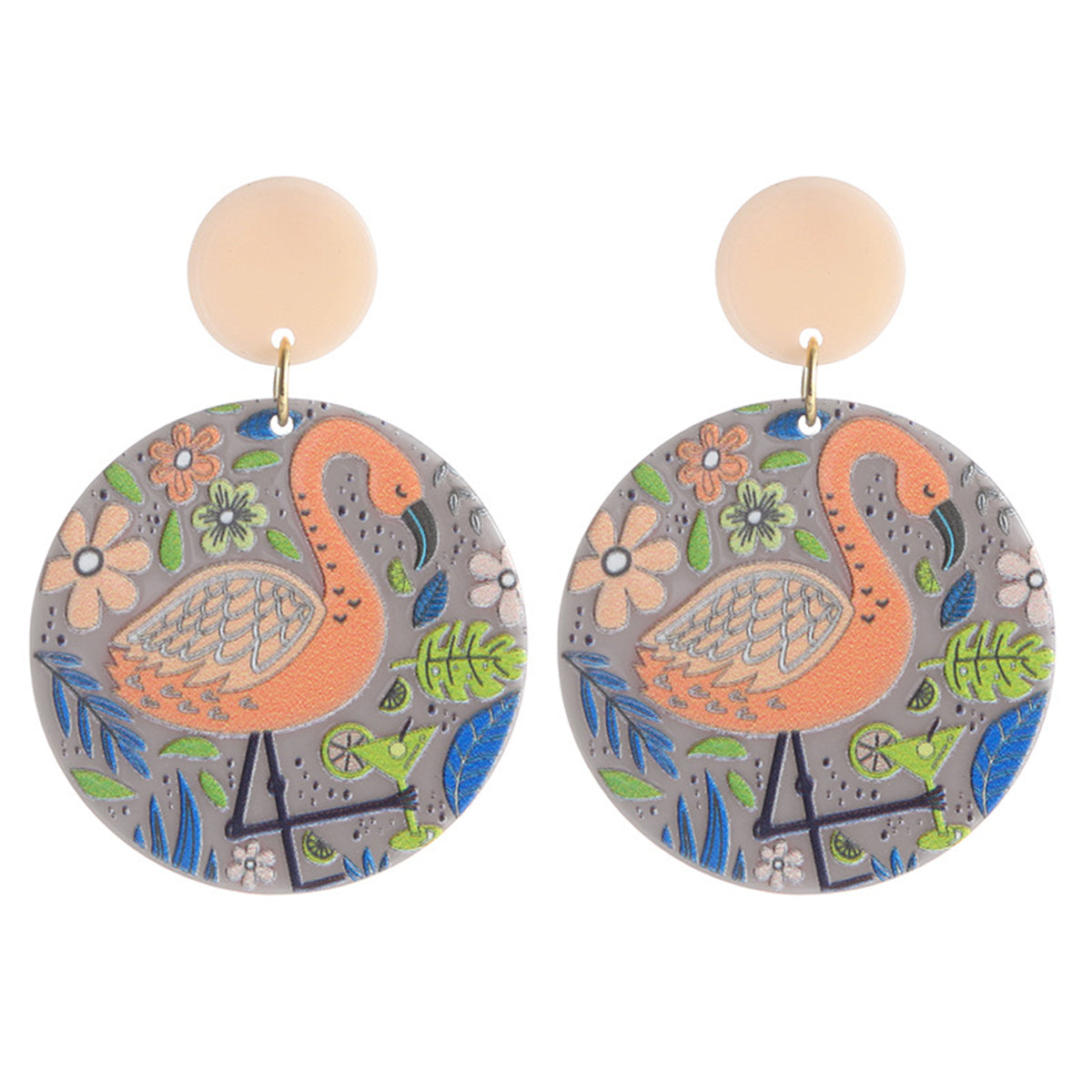 Pink Acrylic and Silver-Plated Flamingo Drop Earrings, silver drop earrings for women, botanical inspired, detail close-up