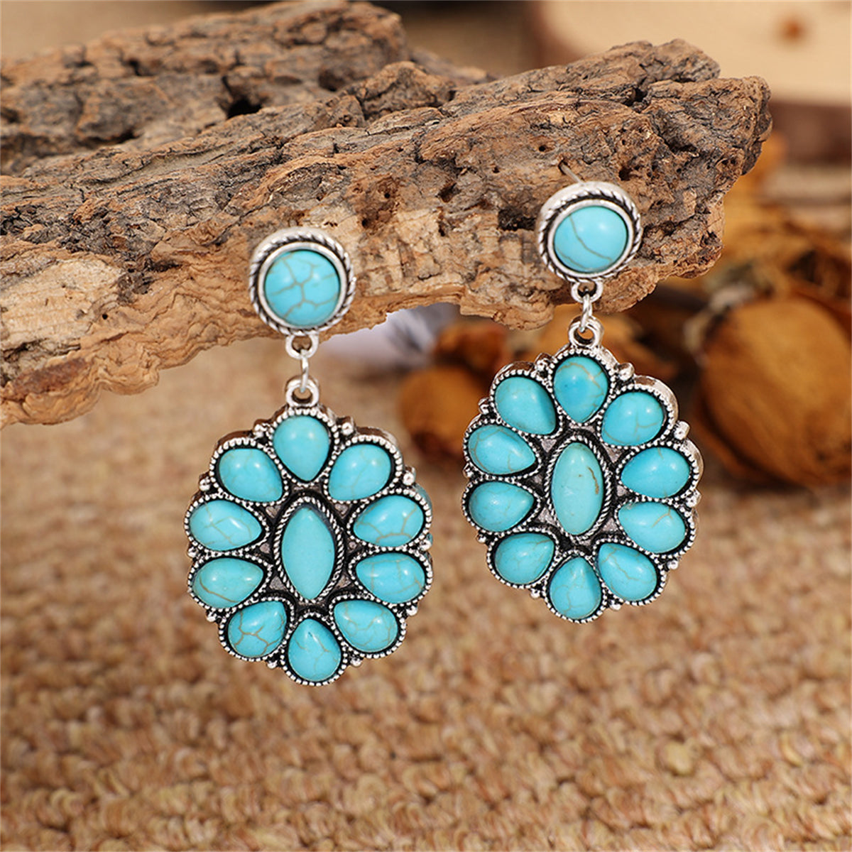 Turquoise and Silver-Plated Round Oval Drop Earrings, silver drop earrings for women, everyday style, side view