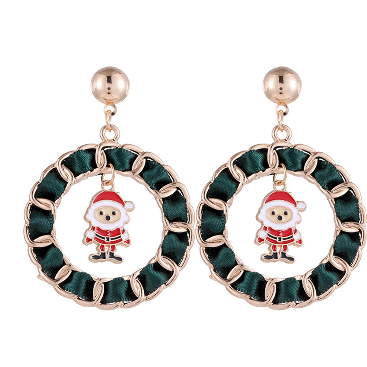 Red Enamel and Polyster 18K Gold-Plated Santa Curb Chain Circle Drop Earrings, gold drop earrings for women, side view
