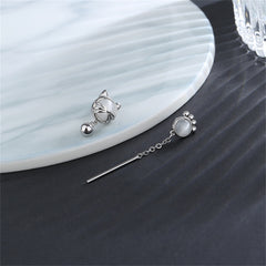 White Cat Eye & Silver-Plated Kitty Mismatching Drop Earrings