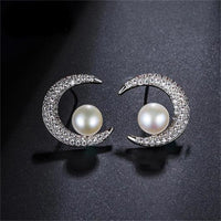 Cubic Zirconia & Pearl Silver-Plated Crescent Stud Earrings
