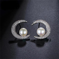 Cubic Zirconia & Pearl Silver-Plated Crescent Stud Earrings