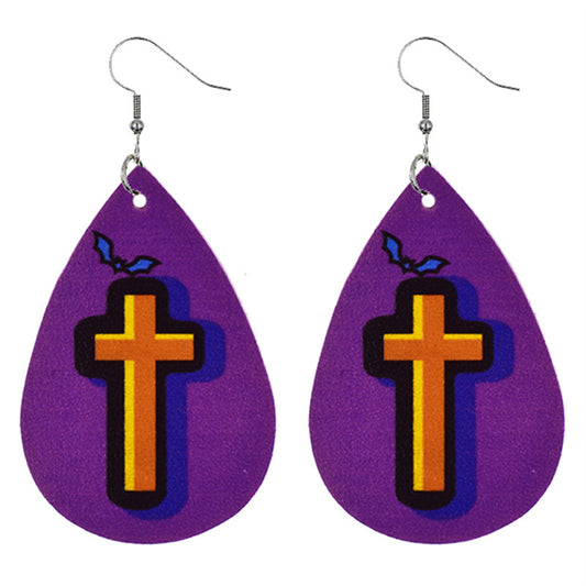 Purple and Orange Cross and Bat Teardrop Drop Earrings, drop earrings for women, everyday style, front view