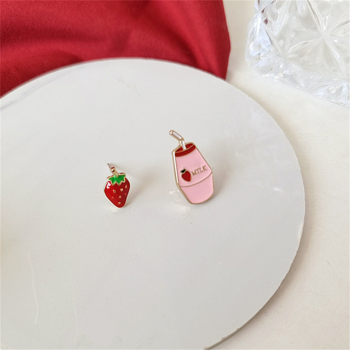 Pink Enamel and 18K Gold-Plated Strawberry Milk Stud Earrings, gold drop earrings for women, side view