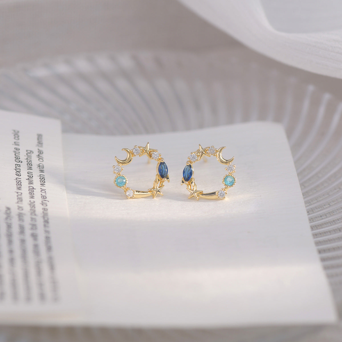 Blue Crystal and Cubic Zirconia 18K Gold-Plated Moon and Star Stud Earrings, gold stud earrings for women, detail close-up