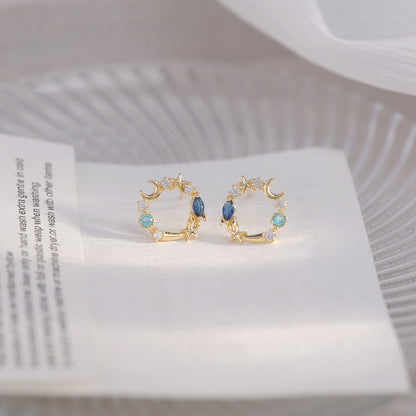 Blue Crystal and Cubic Zirconia 18K Gold-Plated Moon and Star Stud Earrings, gold stud earrings for women, detail close-up