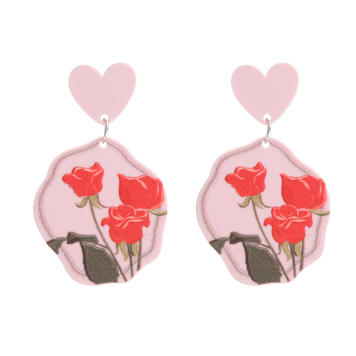 Pink and Green Heart Rose Drop Earrings, drop earrings for women, everyday style, detail close-up