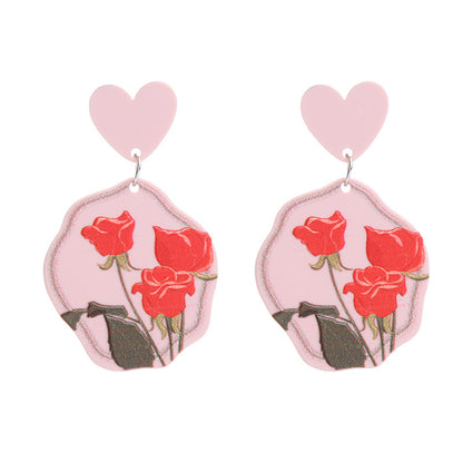 Pink and Green Heart Rose Drop Earrings, drop earrings for women, everyday style, detail close-up