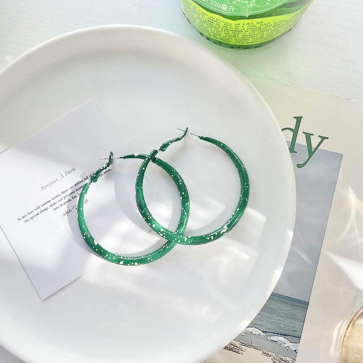 Green Enamel & Silver-Plated Hoop Earrings