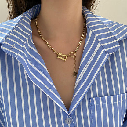 18K Gold-Plated 'B' Drop Necklace, gold pendant necklace for women, dainty minimalist design, front view