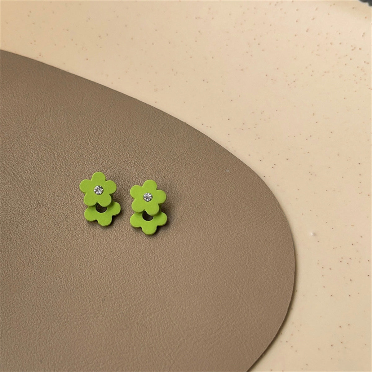 Cubic Zirconia and Green Enamel Flower Stud Earrings, stud earrings for women, dainty minimalist design, detail close-up