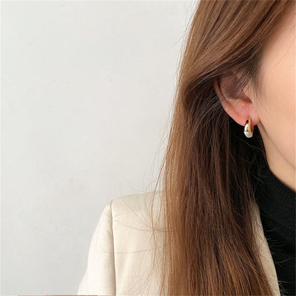 Enamel and 18K Gold-Plated C-Shaped Huggie Earrings, gold huggie earrings, everyday style, lifestyle look