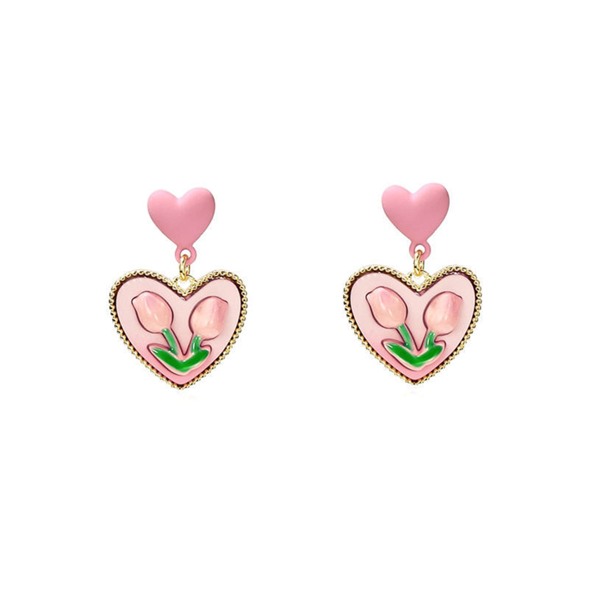 Pink Enamel & Resin 18K Gold-Plated Flower Heart Drop Earrings