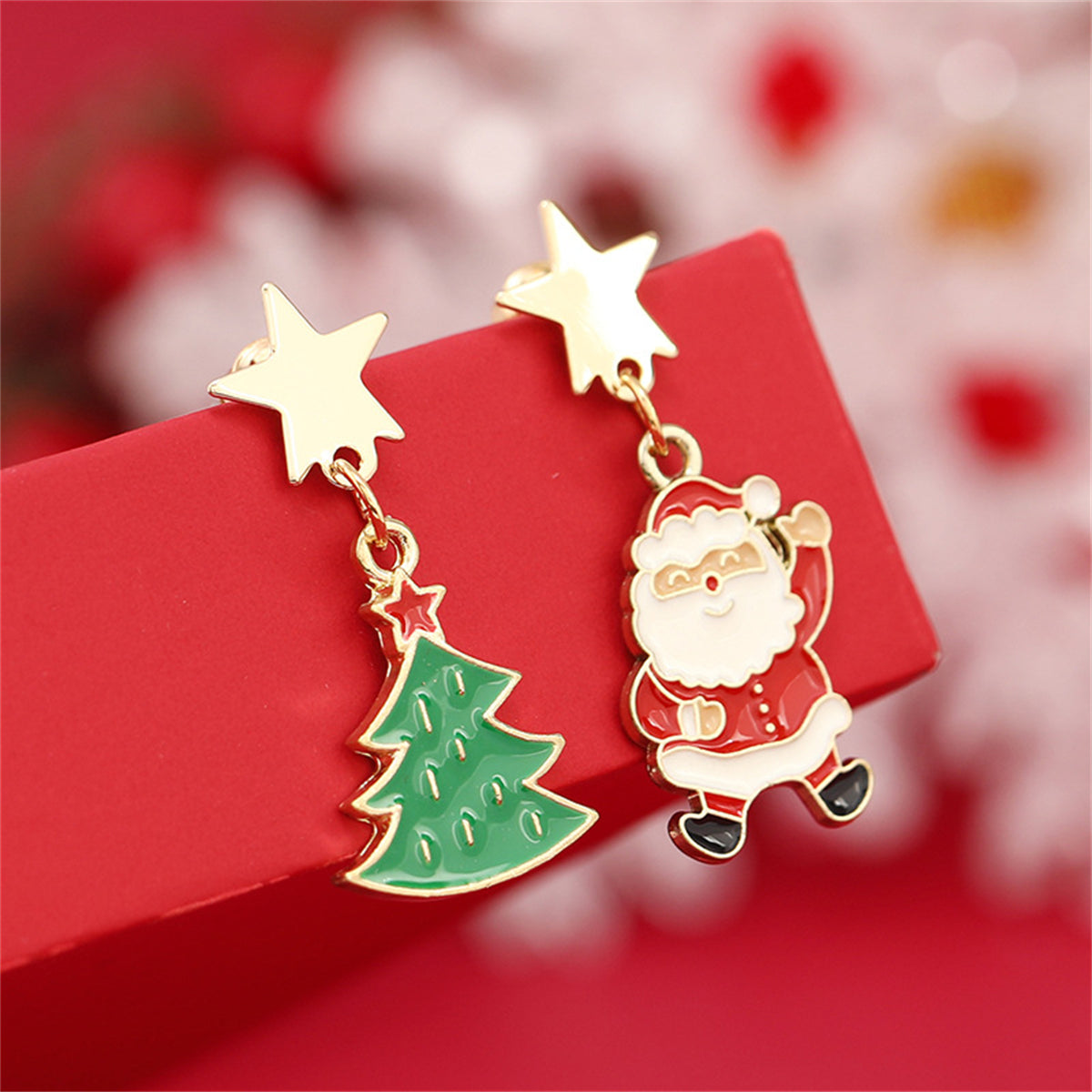 Green Enamel & 18K Gold-Plated Star Santa Christmas Tree Mismatch Drop Earrings
