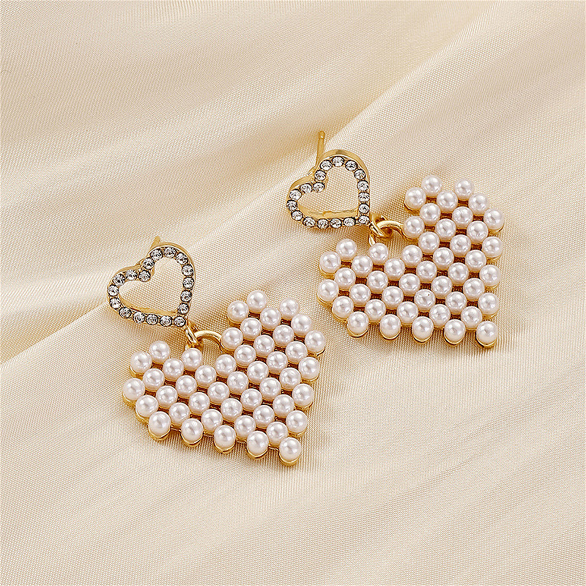 Cubic Zirconia & Pearl 18K Gold-Plated Crochet Heart Drop Earrings