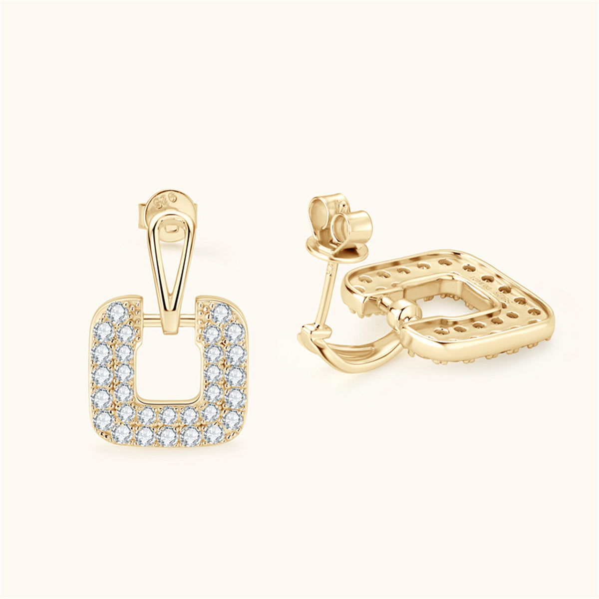 Cubic Zirconia and 18K Gold-Plated Square Drop Earrings, gold drop earrings for women, dainty minimalist design, front view